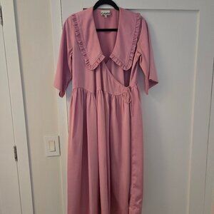 Ganni Pink Smocked Ruffle Collar Wrap Dress (Size XS)